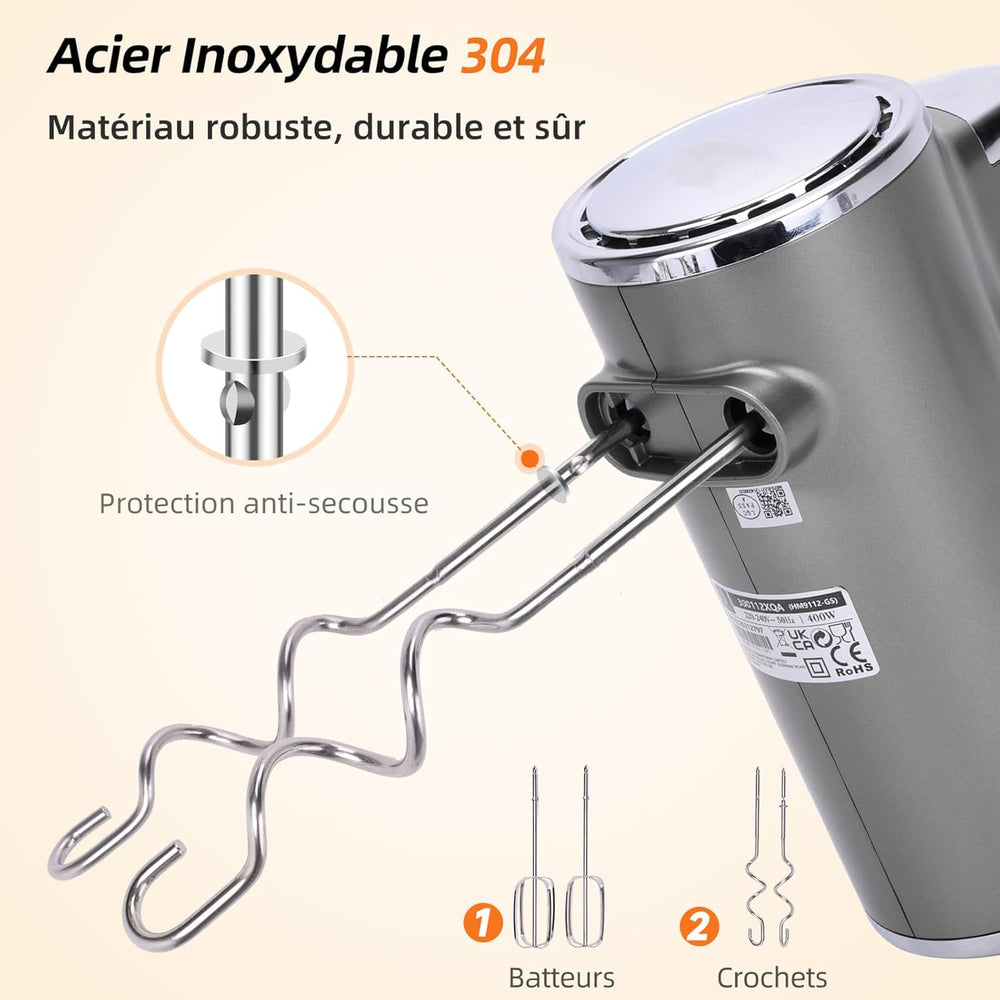 Aigostar Adela - Batteur Électrique, Batteur à Main Électrique Ultra Puissant de 400W. 5 Vitesses + Turbo, Bouton D'éjection. 1 Support de Rangement et 2 Batteurs et 2 Crochets Pétrisseurs.
