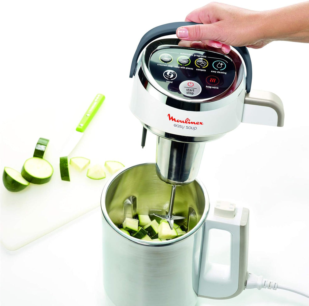 Moulinex Blender chauffant, Mixeur soupe, Puissance 1000 W, Capacité 1,2 L, 5 programmes automatiques, Double paroi, Maintien au chaud 40 min, Livret recettes, Easy Soup, Inox LM841B10