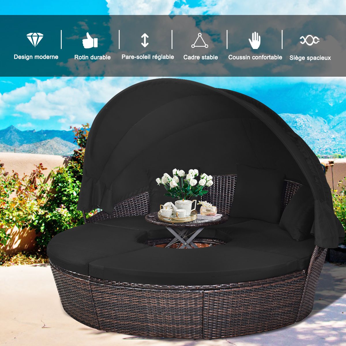 Lit de Jardin Rond d'Exterieur Table Relevable Modulable & Convertible - Pare Soleil Réglable rotin PE Coussins Inclus Noir