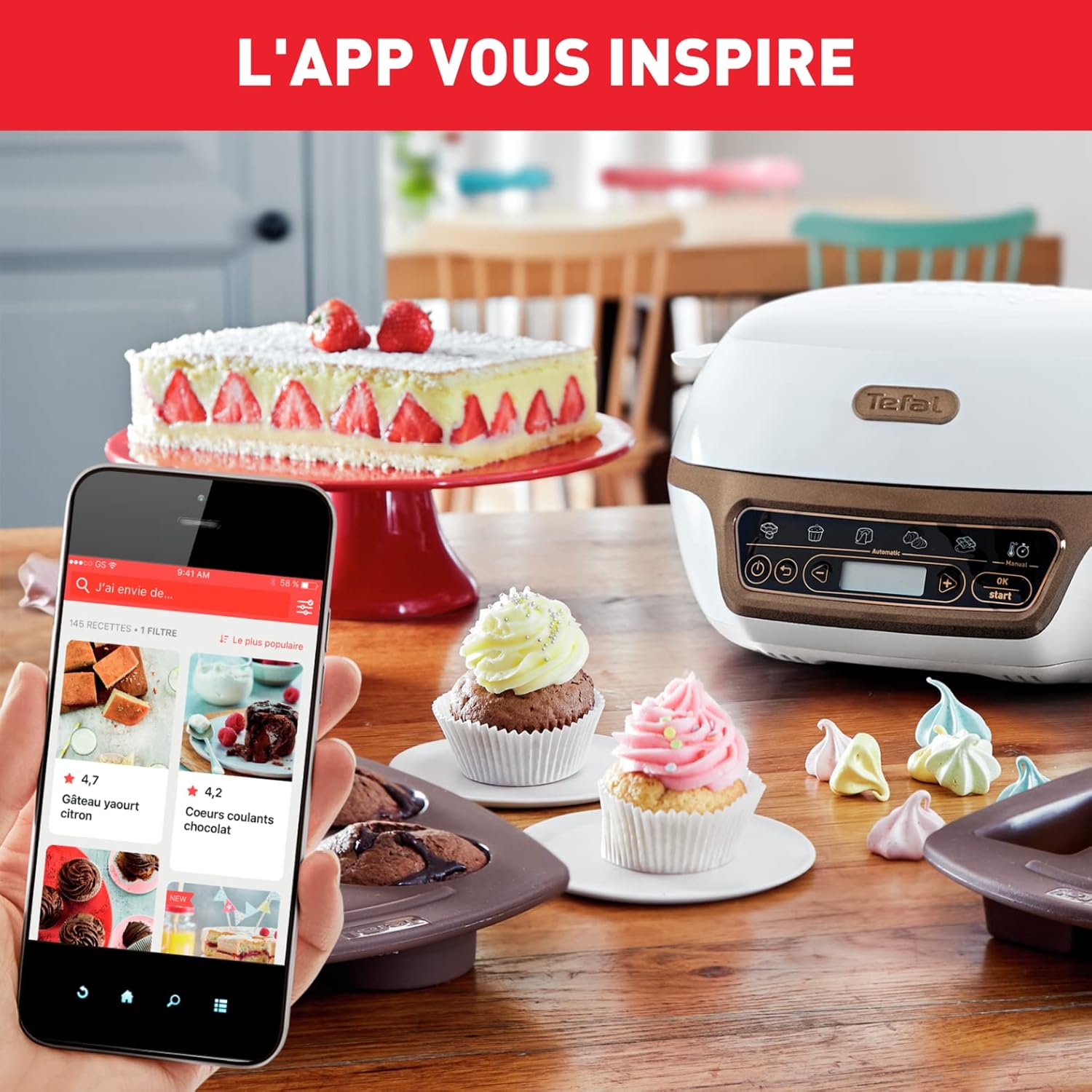 Tefal Machine à gâteaux, 5 programmes automatiques pour réglage, 1 mode manuel, 3 moules flexibles, 1 grand moule en acier revêtu, Compatible avec moules Crispybake, Cake Factory+ KD802112