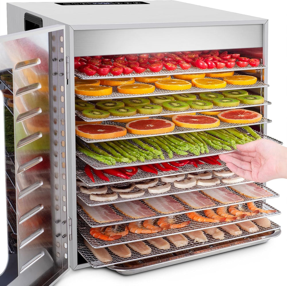 Kwasyo Food Dehydrator, 10 Trays • Desiccator with Timer (24H) • Fruit and Vegetable Dehydrator Adjustable Temperature (30 to 90°C) + 1 x Recipe Book