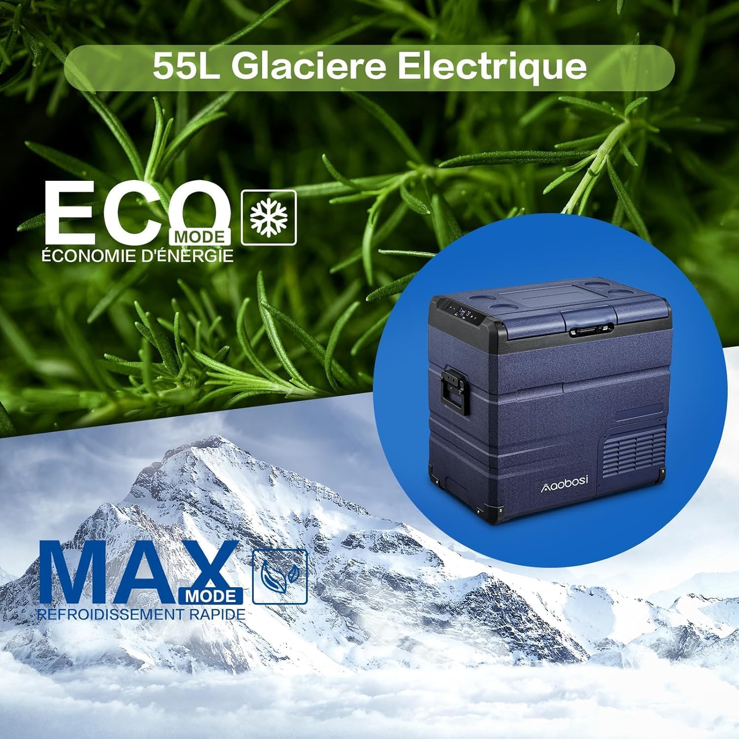 AAOBOSI 46 L Glaciere a Compression, Glaciere Electrique Double Zone, 12 V/24 V et 100-240 V Frigo Camping, -20 ℃ à 20 ℃, pour Voiture, Camion, Bateau, Camping-Car