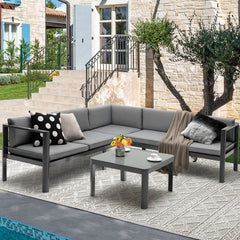 Salon de Jardin Extérieur avec Table Basse en Verre Trempé Canapéavec Dossier Inclinable à 6 Niveaux Coussins Inclus Gris