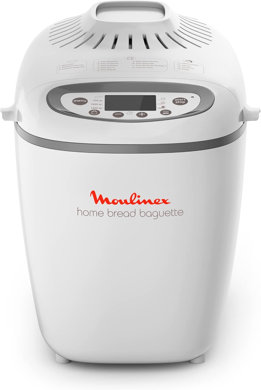 Moulinex Home Bread Baguette Machine à petits pains, 16 programmes, Résultats homogènes, Jusqu'à 1,5 kg de pain frais, Plaques croustillants, 3 niveaux de dorage OW610110, Blanc