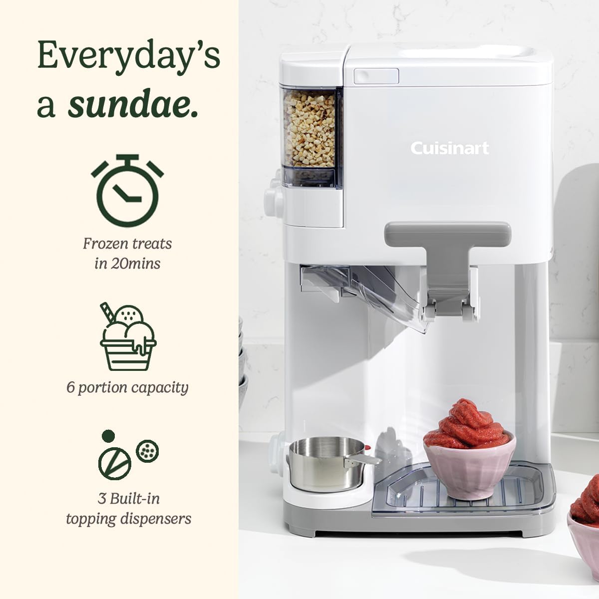 Cuisinart Sorbetière | machine à crème glacée, yaourt glacé, gelato, sorbet, sans produits laitiers | Distributeur de garniture | facile à utiliser | 1.42L fait 6 portions | Prêt en 20mins | ICE48U
