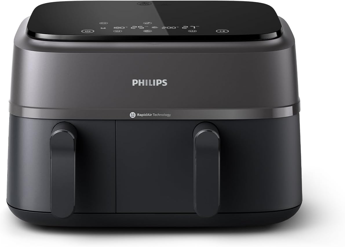 Philips Air Fryer 3000 Series Double Basket - Healthy, Fast and Versatile Cooking, 9 Litre Capacity, Touch Screen, Two Drawer Design (NA350/00)