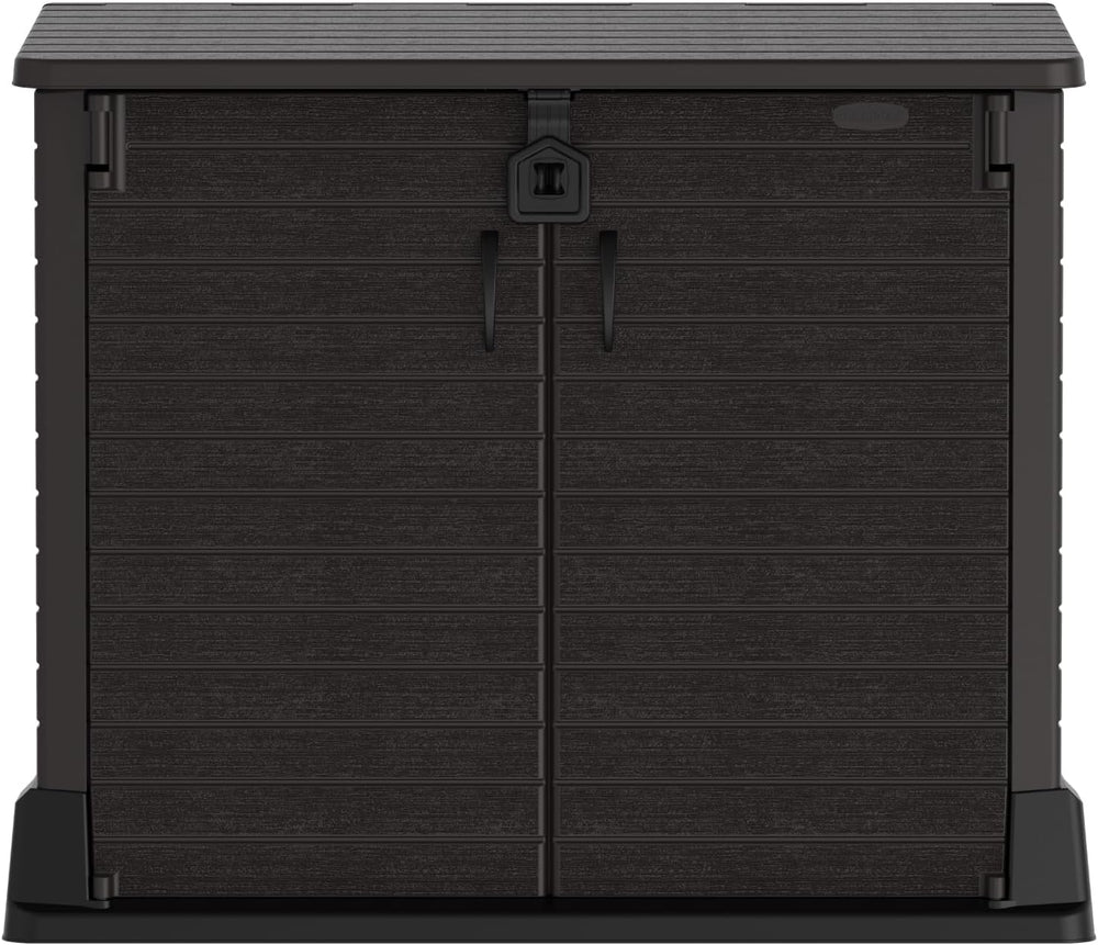 Duramax StoreAway 1200L Plastic Garden Shed/ Flat Lid, Outdoor Storage Shed, Wheelie Bin Hideaways, Wheelie bin box, Durable Construction, Ideal for Bikes, BBQs & 2x 240L Bins, 145x85x125 cm, Brown