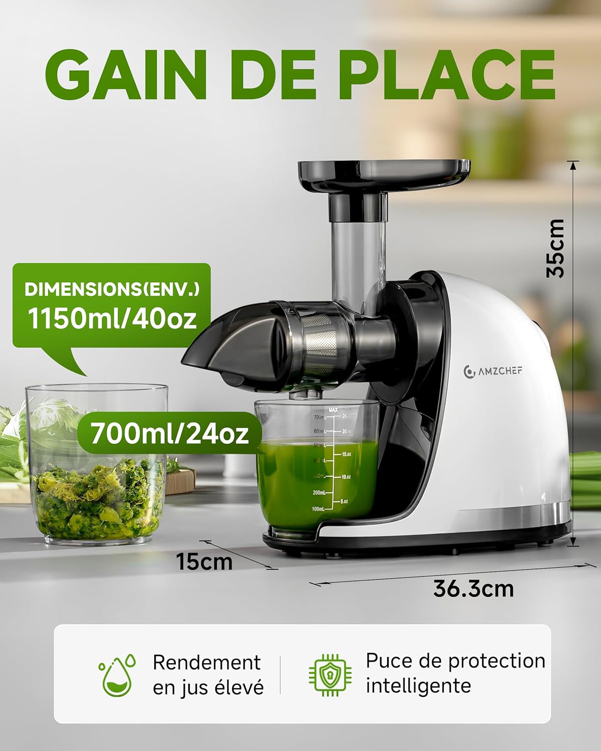 AMZCHEF Extracteur Jus - Extracteur de Jus de Fruits et Légumes - Presses-agrumes à Froid sans BPA avec 2 Tasses et Brosse - Fonction de Mastication Inversée pour Éviter les Blocages - Argent