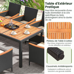 Salon de Jardin en Rotin 9 Pièces Plateau de Table en Acacia Ensemble de Salle à Manger avec Coussins Amovibles Trou Charge 180KG Beige+Noir