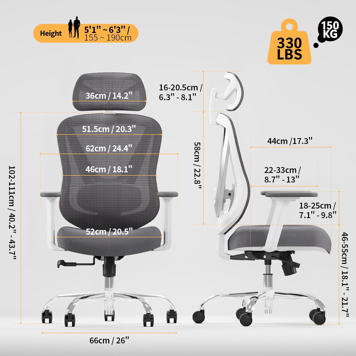 HOLLUDLE Chaise de Bureau Ergonomique avec Support Lombaire 3D & accoudoirs 3D réglables – Design en V du Dos, Fauteuil de Bureau Confortable pour Bureau et Maison, Blanc