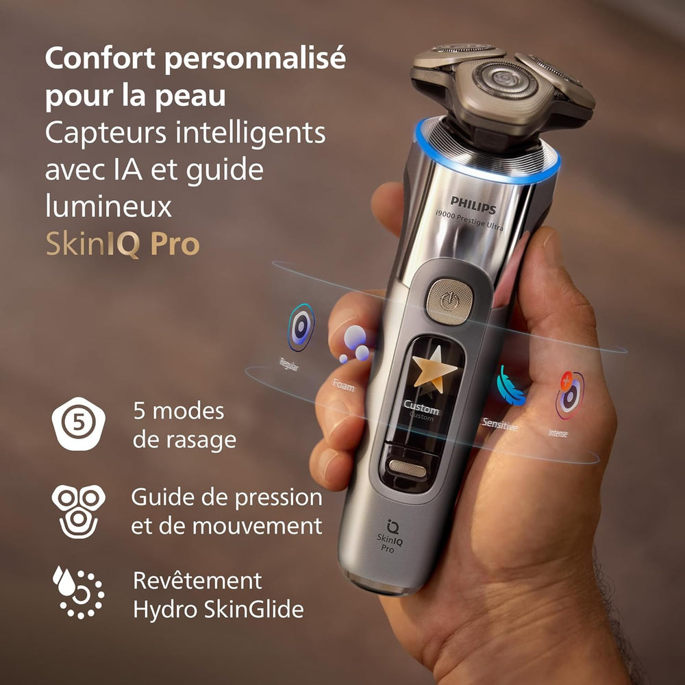 Philips Rasoir i9000 Prestige Ultra, Rasoir électrique 100% étanche, Technologie Skin IQ Pro, Système Triple Lift & Cut, Lames de précision NanoTech rotatives 360°, 5 modes de rasage, XP9401/38