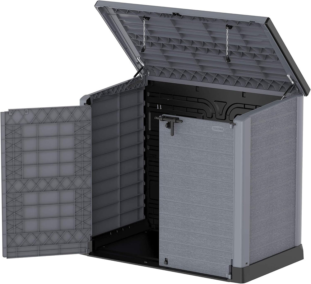 Duramax StoreAway 1200L Plastic Garden Shed/ Flat Lid, Outdoor Storage Shed, Wheelie Bin Hideaways, Wheelie bin box, Durable Construction, Ideal for Bikes, BBQs & 2x 240L Bins, 145x85x125 cm, Brown