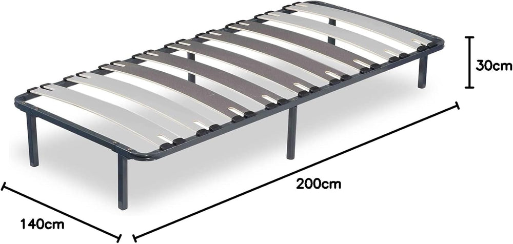 SAMPUR - Morpholattes bed base | 90 x 190 cm | 7 legs included | Grey | 25 cm high | epoxy lacquered metal frame | Extra wide slats | 5 support zones