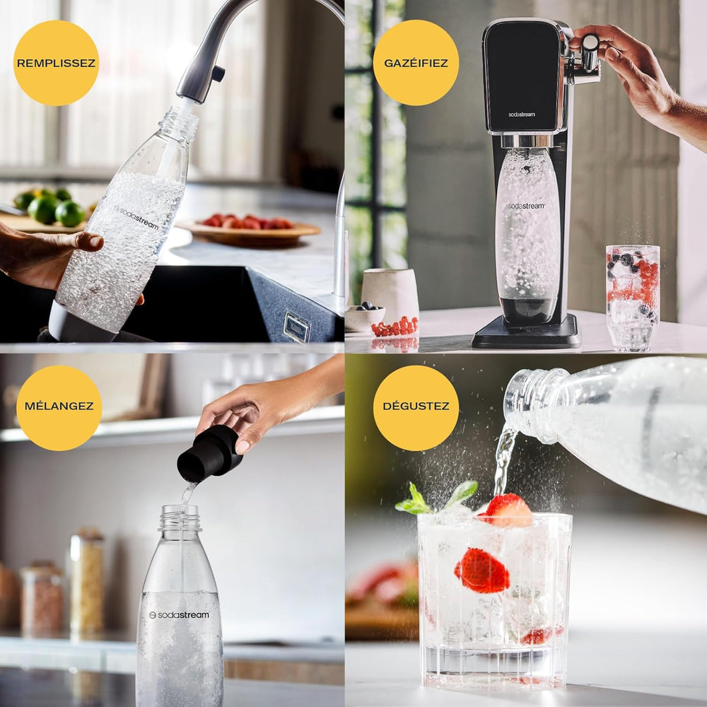SodaStream ART Sparkling Water and Soda Machine | Pack of 1 Bottle 1 L + 1 Bottle 0.5 L Dishwasher Safe + 1 60L Gas Refill Clip On | Black [Amazon Exclusive]