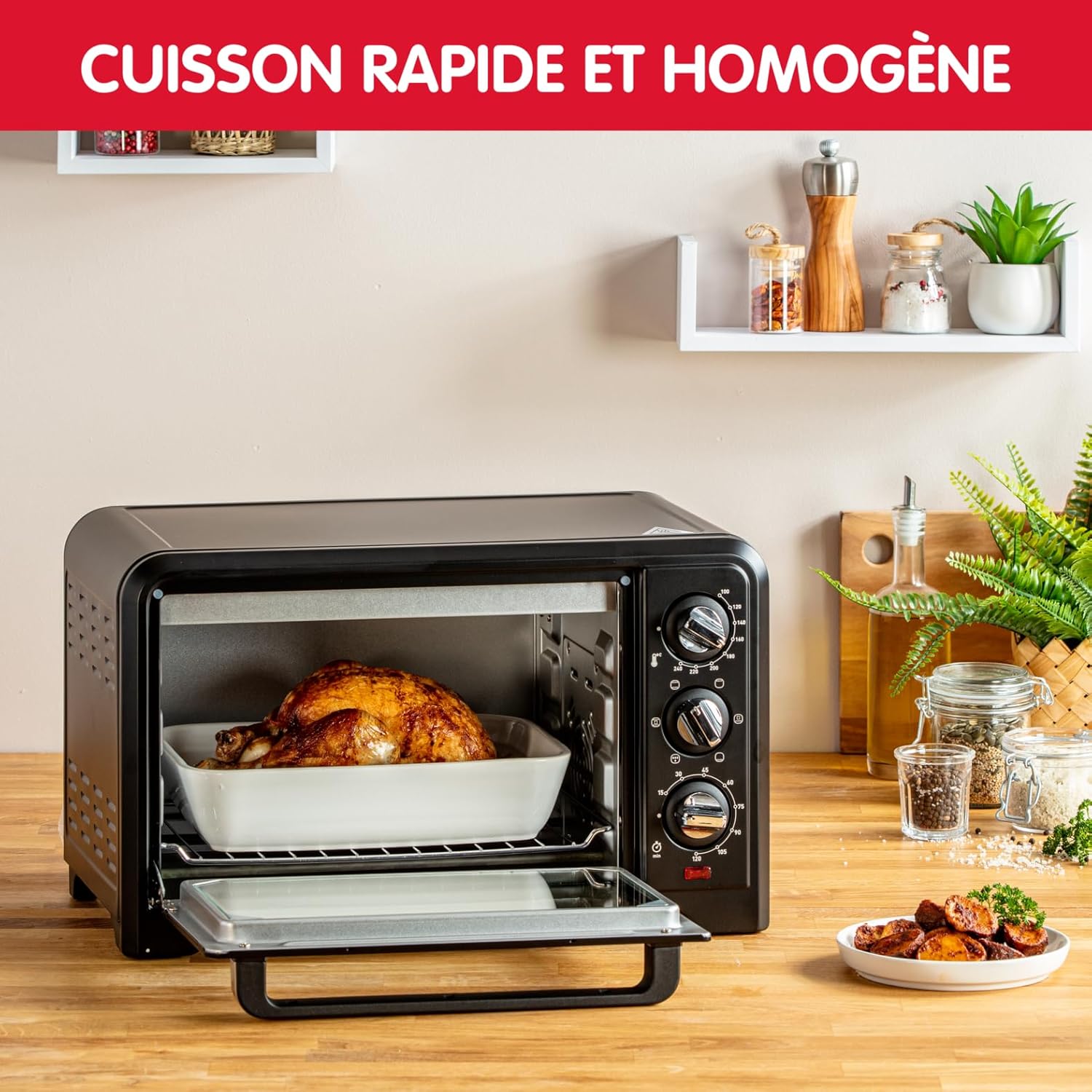 Moulinex Four électrique 39 L, 7 modes de cuisson, Chaleur tournante, Thermostat réglable jusqu’à 240° C, Tournebroche, Minuteur 120 min, Grille réversible, Optimo noir OX485810