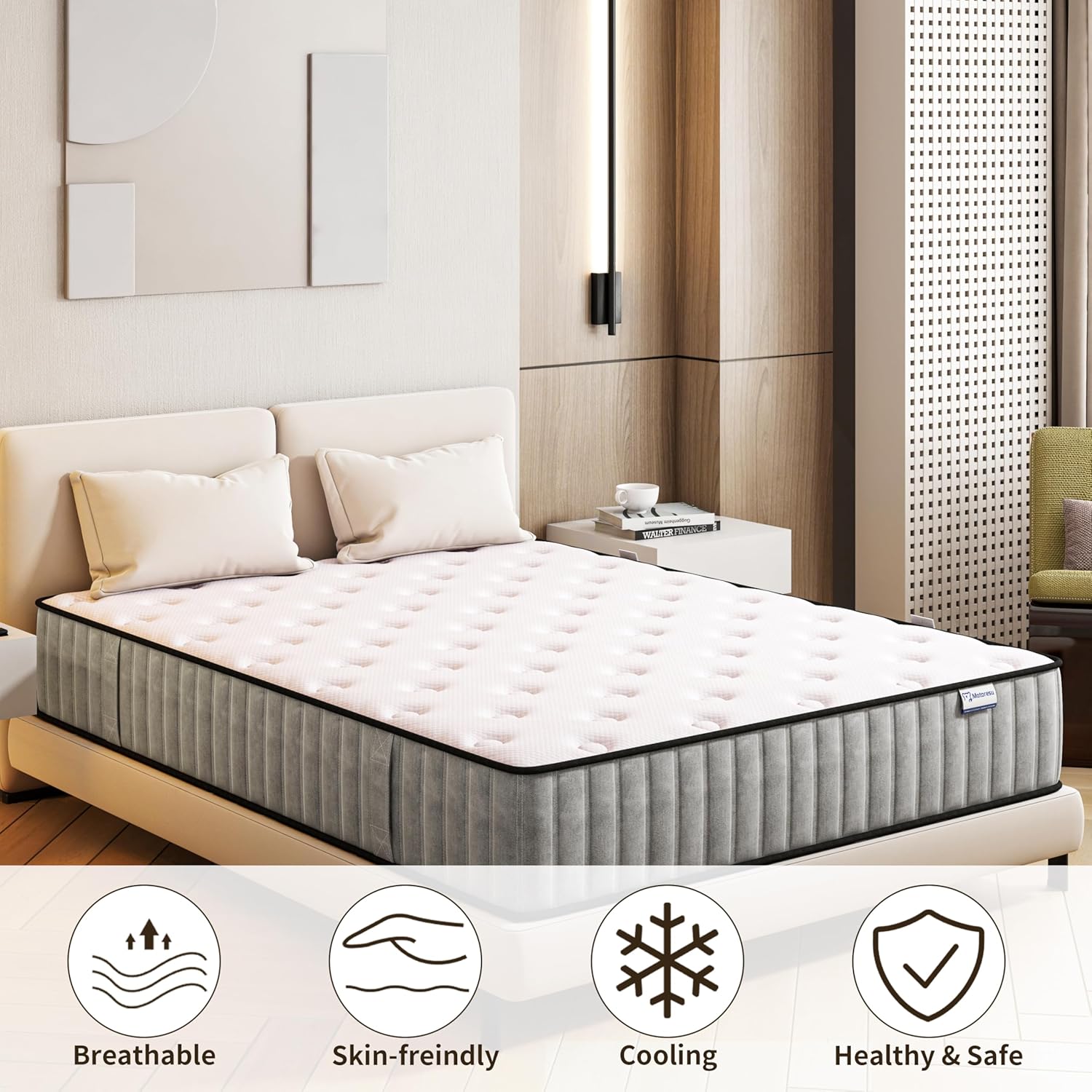 Matoresu Matelas 140x200 Hauteur 25cm, Matelas Hybride à Ressorts Ensachés Indépendant en Mousse à Mémoire de Forme, Tissu Doux pour La Peau&Soutien Confortable, Matelas 2 Personnes Moyenne Ferme