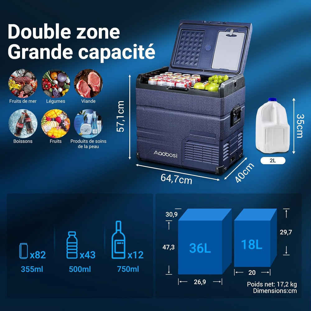 AAOBOSI 46 L Glaciere a Compression, Glaciere Electrique Double Zone, 12 V/24 V et 100-240 V Frigo Camping, -20 ℃ à 20 ℃, pour Voiture, Camion, Bateau, Camping-Car