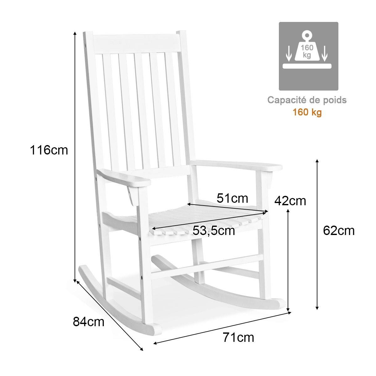 Fauteuil à Bascule en Bois d'Acacia Chaise Berçante pour Jardin Pelouse Balcon Blanc -