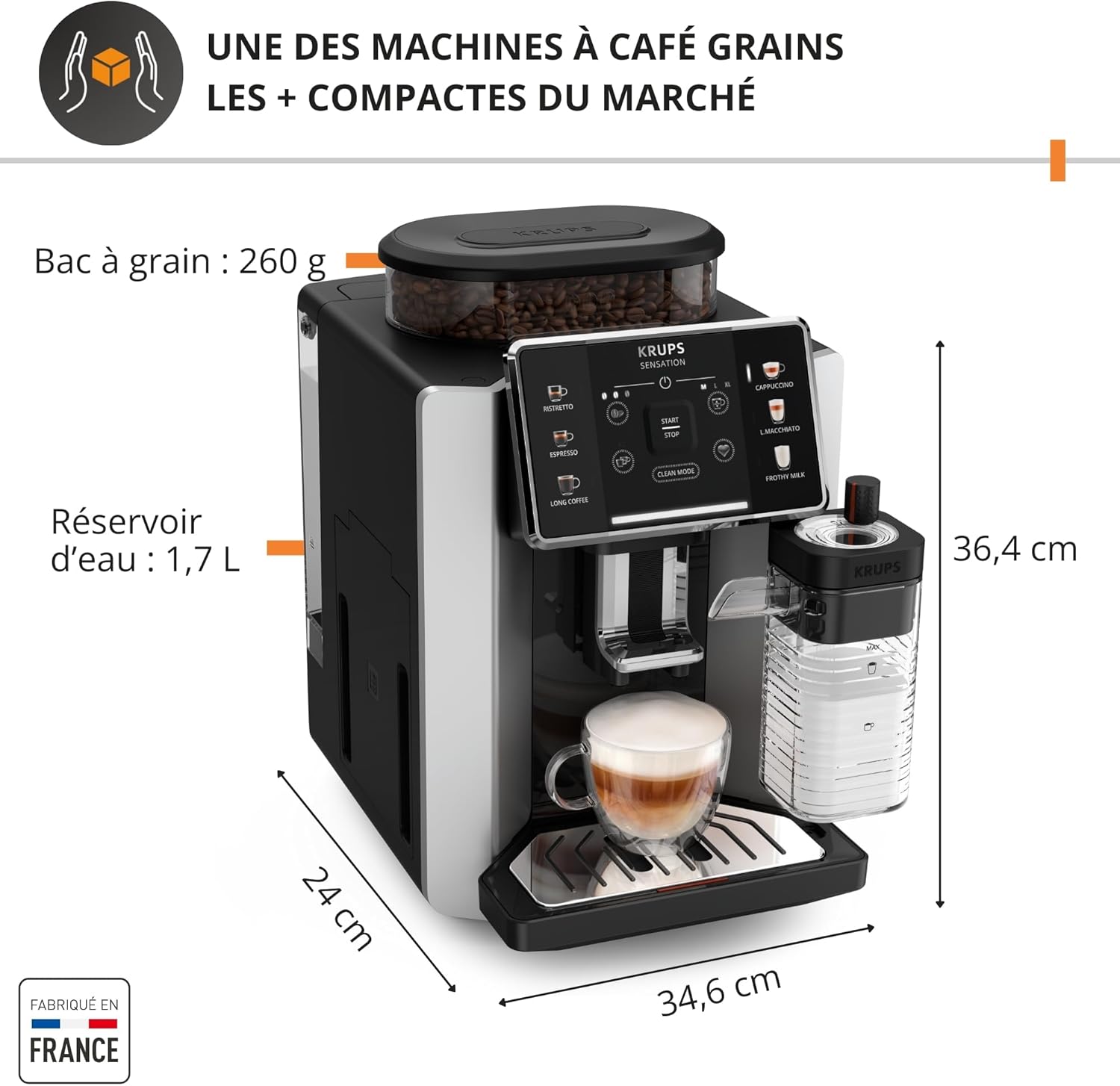 Krups Sensation C50, Machine à café grains, machine expresso, 5 boissons accès direct, Interface tactile, Facile à utiliser, Nettoyage automatique, Buse vapeur Cappuccino, Fabriqué en France EA910810