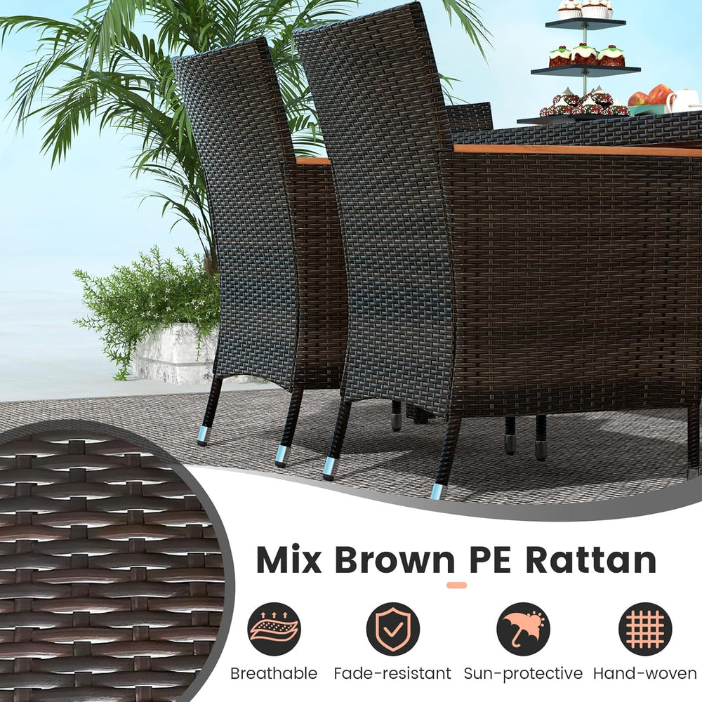 GIANTEX Salon de Jardin 6 Personnes en Rotin et Bois d'Acacia, Table de Jardin Extérieure avec 6 Chaises, Coussins, Trou de Parasol, Pieds Réglables, pour Cour, Pique-Nique, Marron