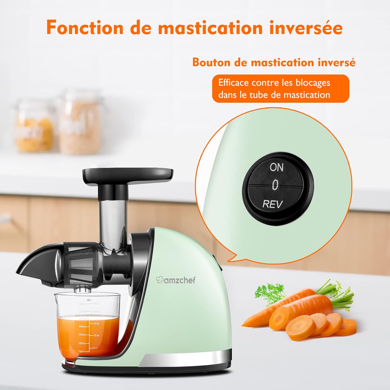 AMZCHEF Extracteur Jus - Extracteur de Jus de Fruits et Légumes - Presses-agrumes à Froid sans BPA avec 2 Tasses et Brosse - Fonction de Mastication Inversée pour Éviter les Blocages - Argent