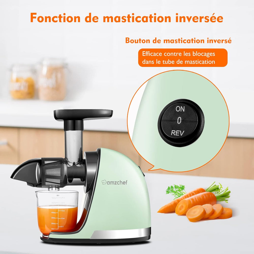 AMZCHEF Extracteur Jus - Extracteur de Jus de Fruits et Légumes - Presses-agrumes à Froid sans BPA avec 2 Tasses et Brosse - Fonction de Mastication Inversée pour Éviter les Blocages - Argent