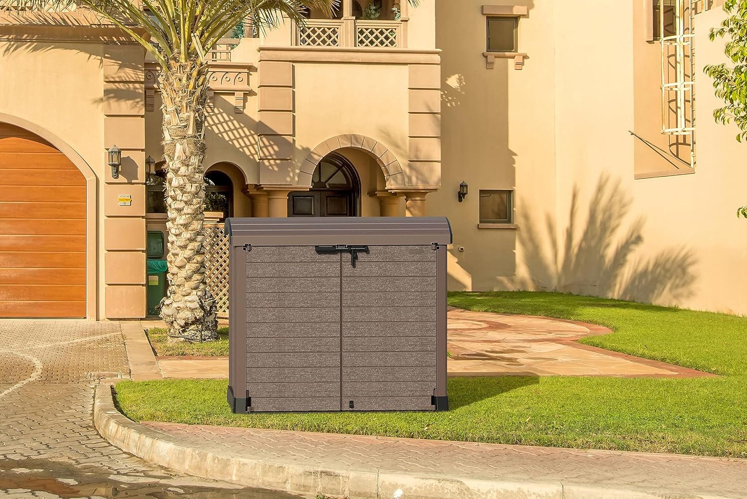 Duramax StoreAway 1200L Plastic Garden Shed/ Flat Lid, Outdoor Storage Shed, Wheelie Bin Hideaways, Wheelie bin box, Durable Construction, Ideal for Bikes, BBQs & 2x 240L Bins, 145x85x125 cm, Brown