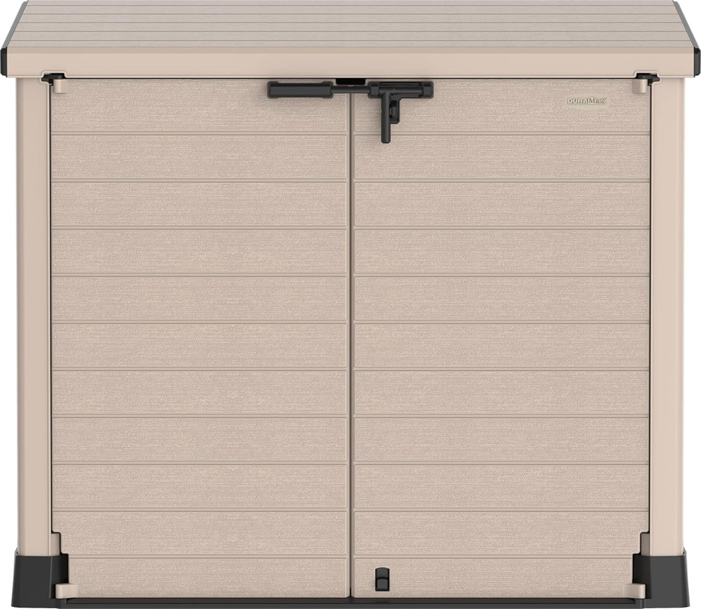 Duramax StoreAway 1200L Plastic Garden Shed/ Flat Lid, Outdoor Storage Shed, Wheelie Bin Hideaways, Wheelie bin box, Durable Construction, Ideal for Bikes, BBQs & 2x 240L Bins, 145x85x125 cm, Brown