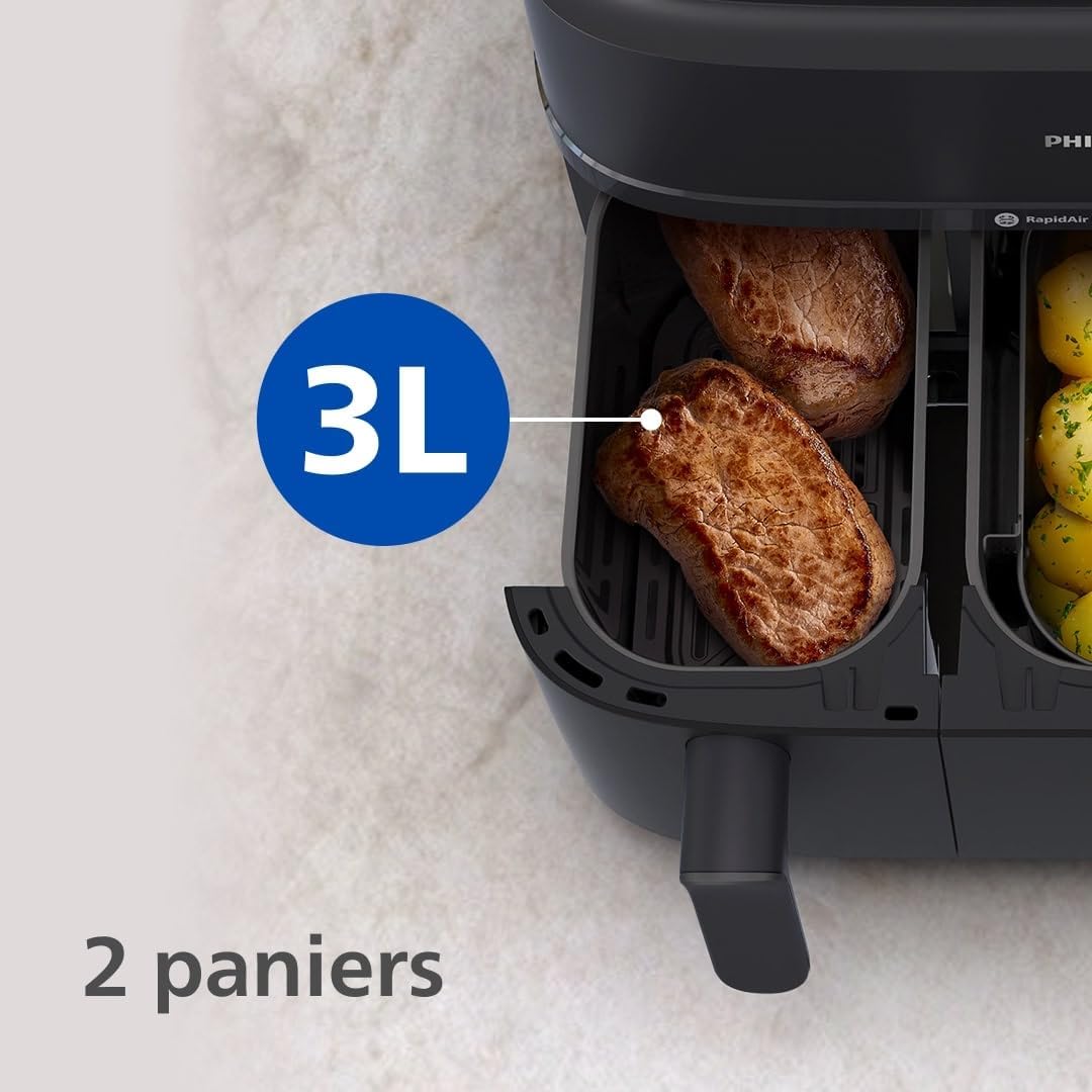 Philips Air Fryer 3000 Series Double Basket - Healthy, Fast and Versatile Cooking, 9 Litre Capacity, Touch Screen, Two Drawer Design (NA350/00)