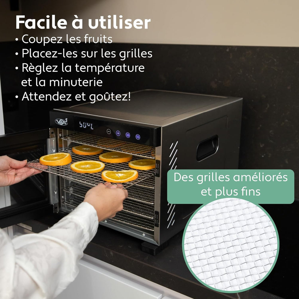 Vita5 Nobel Pro6 Deshydrateur Alimentaire avec 6 Plateaux en Inox - Déshydrateur avec Minuterie 24h et Température 35-75 °C - Deshydrateur Viande, Fruits, Champignons - 650W Déshydrateur Alimentaire