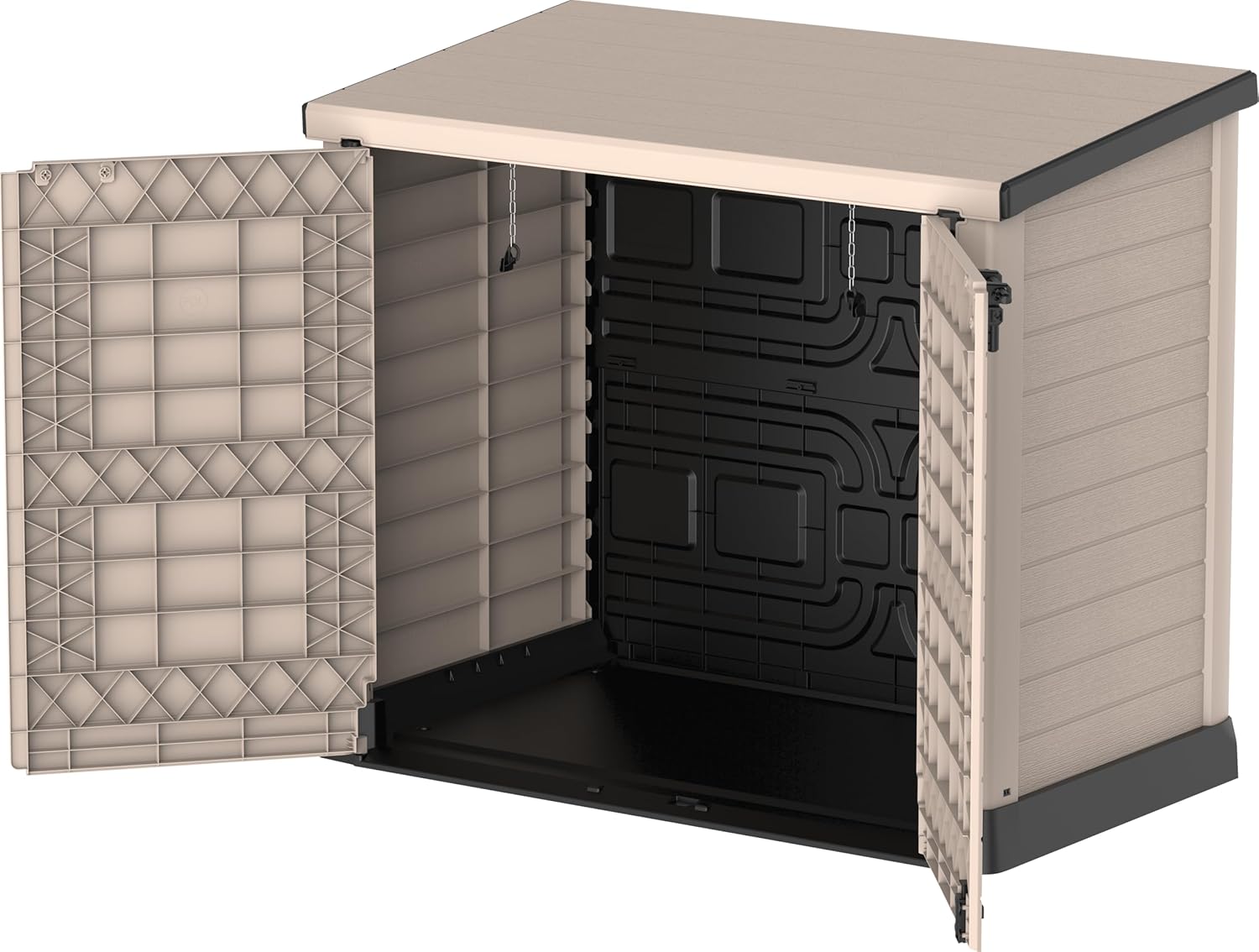 Duramax StoreAway 1200L Plastic Garden Shed/ Flat Lid, Outdoor Storage Shed, Wheelie Bin Hideaways, Wheelie bin box, Durable Construction, Ideal for Bikes, BBQs & 2x 240L Bins, 145x85x125 cm, Brown