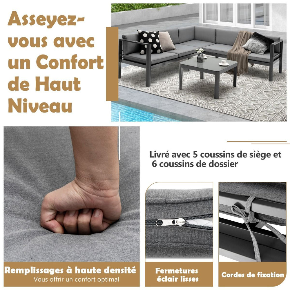 Salon de Jardin Extérieur avec Table Basse en Verre Trempé Canapéavec Dossier Inclinable à 6 Niveaux Coussins Inclus Gris