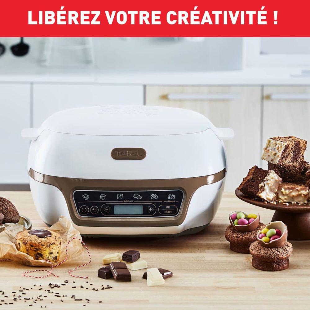 Tefal Machine à gâteaux, 5 programmes automatiques pour réglage, 1 mode manuel, 3 moules flexibles, 1 grand moule en acier revêtu, Compatible avec moules Crispybake, Cake Factory+ KD802112