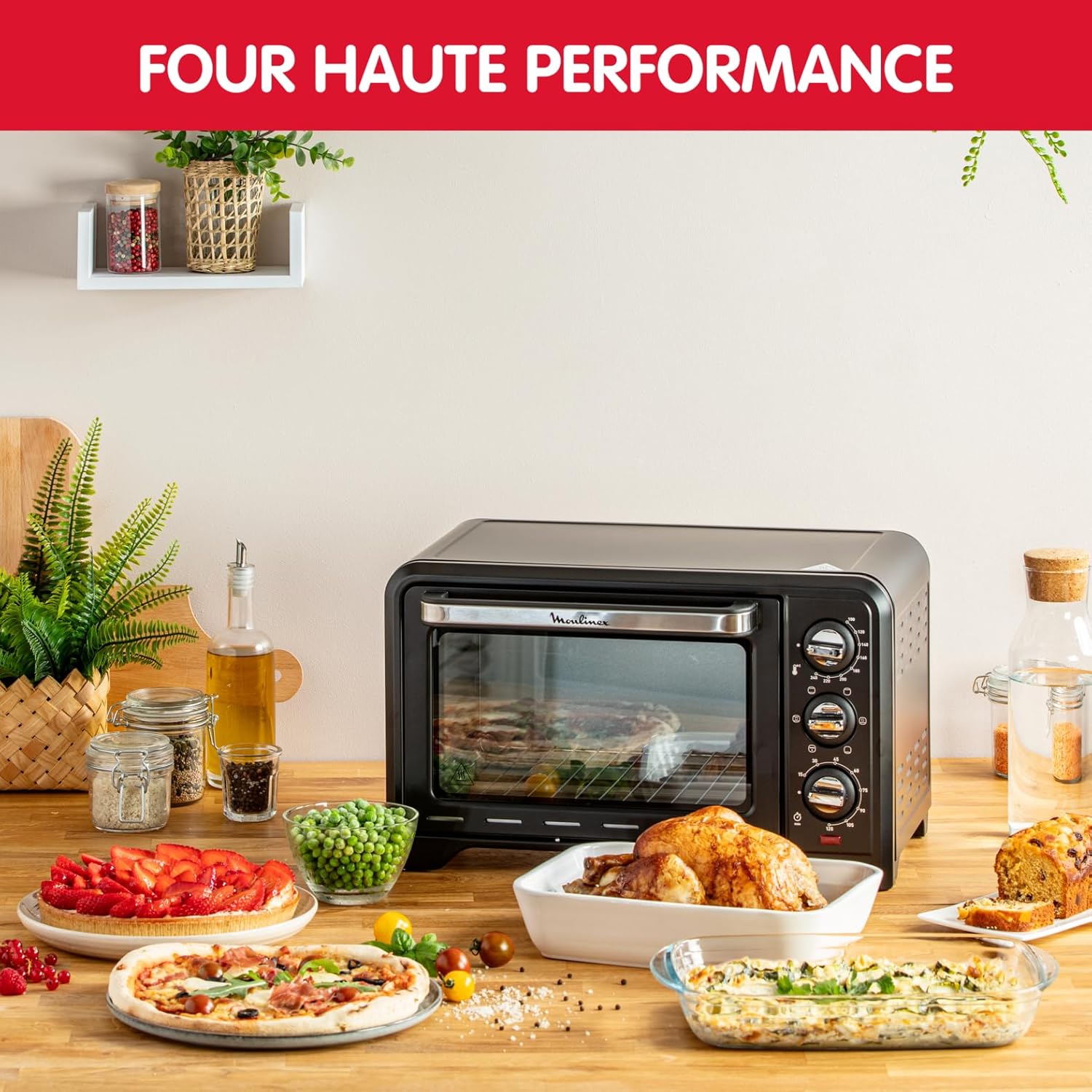 Moulinex Oven, 33 L, Rotating heat, Advanced convection, 6 cooking modes, Thermostat adjustable up to 240°C, Timer 120 min, Reversible grill, Silicone oven mitts, Optimo Black OX464811