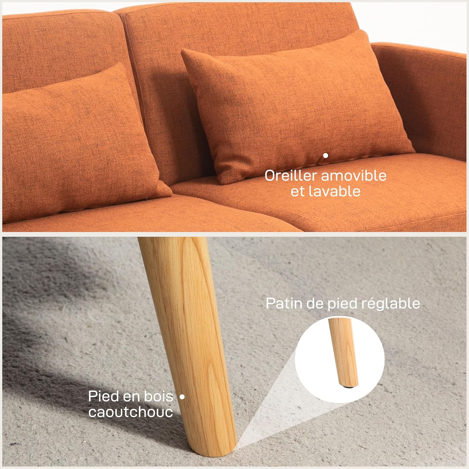 HOMCOM Canapé Convertible 3 Places, canapé-lit 2 Places, Dossier inclinable et accoudoirs réglables, canapé clic clac en Tissu Effet Lin, Pieds en Bois Massif, 2 Coussins lavables, Marron