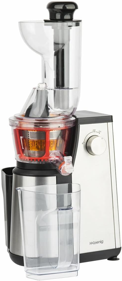 Extracteur de Jus de Fruits et Légumes vertical GSX24 H.Koenig Centrifugeuse Vitamin + sans BPA - 82 mm Large Bouche - 3 tamis pour jus fin ou épais et sorbet - Pression douce - 50 tours 400 W