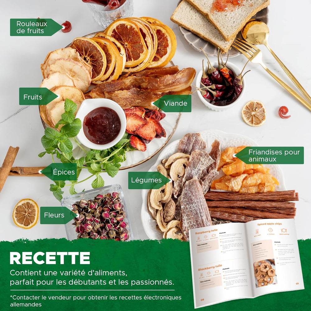 Kwasyo Food Dehydrator, 10 Trays • Desiccator with Timer (24H) • Fruit and Vegetable Dehydrator Adjustable Temperature (30 to 90°C) + 1 x Recipe Book