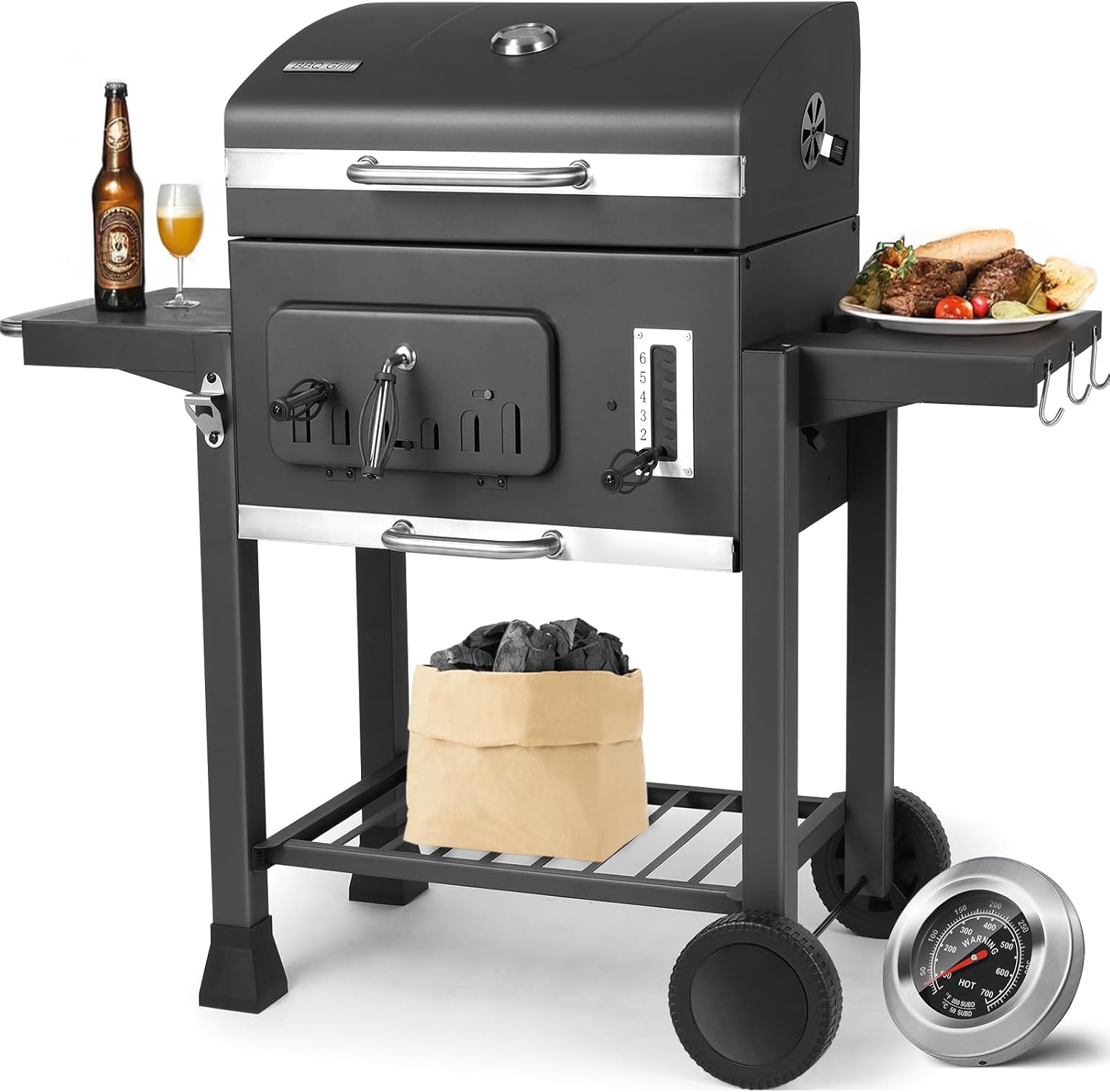 Barbecue Charbon de Bois XL, Chariot à Barbecue, Grill XL à Charbon avec Couvercle, Roues et Thermomètre, Réglable en Hauteur, Grand Barbecue au Charbon de Bois, pour Camping et Jardin, Noir