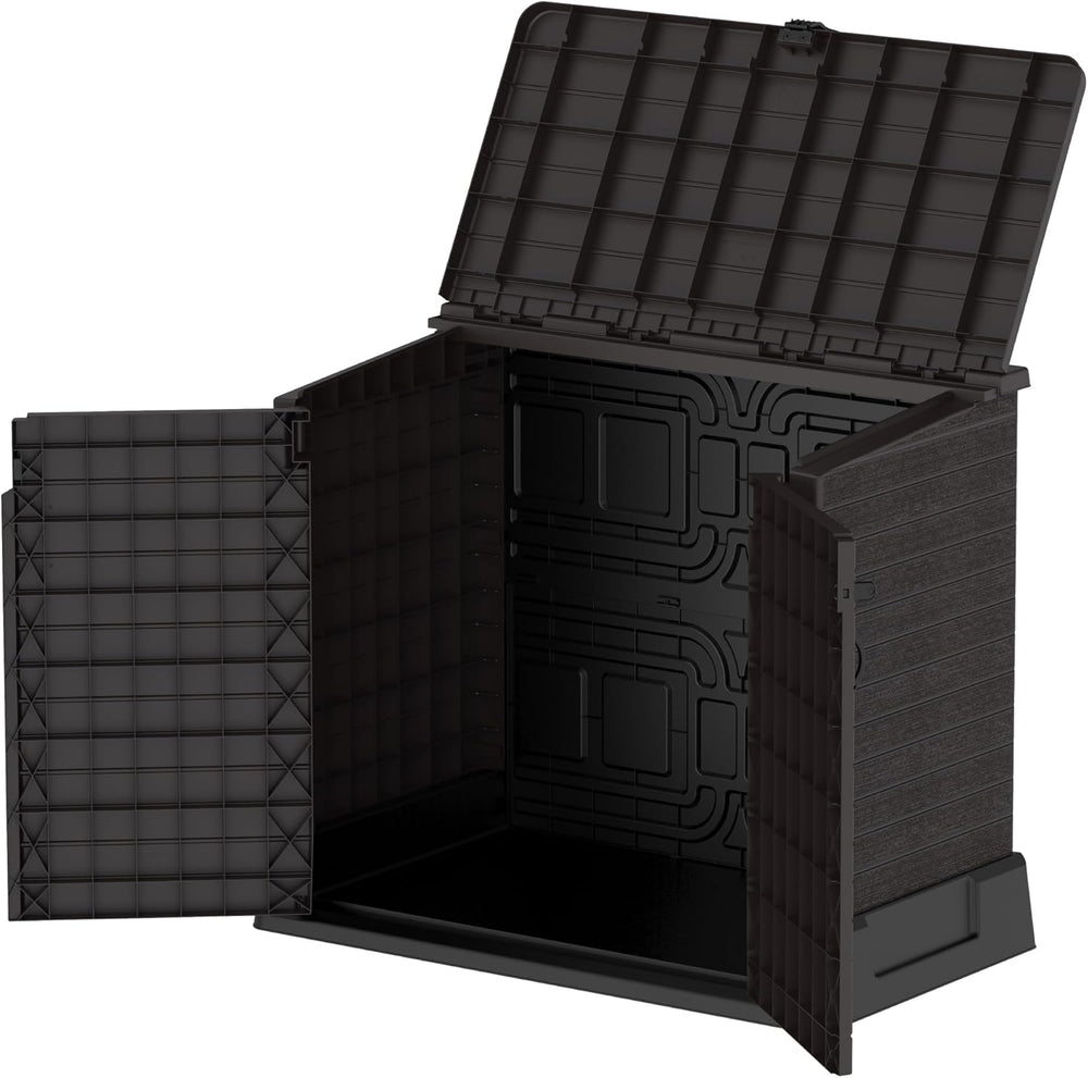 Duramax StoreAway 1200L Plastic Garden Shed/ Flat Lid, Outdoor Storage Shed, Wheelie Bin Hideaways, Wheelie bin box, Durable Construction, Ideal for Bikes, BBQs & 2x 240L Bins, 145x85x125 cm, Brown