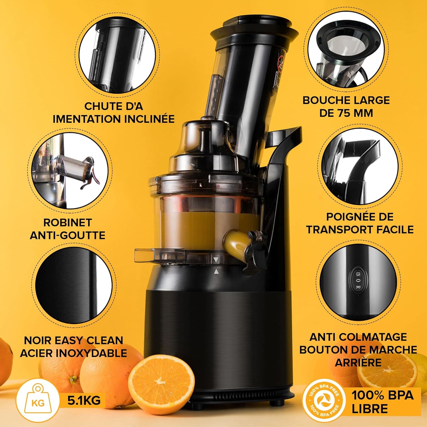 Slow Chewing, Slow Juicer, Fresh and Healthy Juice, Sorbet, Ice Cream, Mouth 75 mm, BPA Free, 240 Watts, Cold Pressure, Stainless Steel Black Fridja f1900