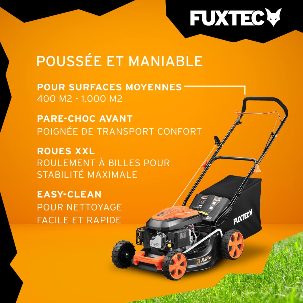 FUXTEC Tondeuse thermique pousse FX-RM4646ECO - Tres bon rapport qualit-prix - Easy Clean 3en1 largeur de coupe 46cm - bac de ramassage 50L