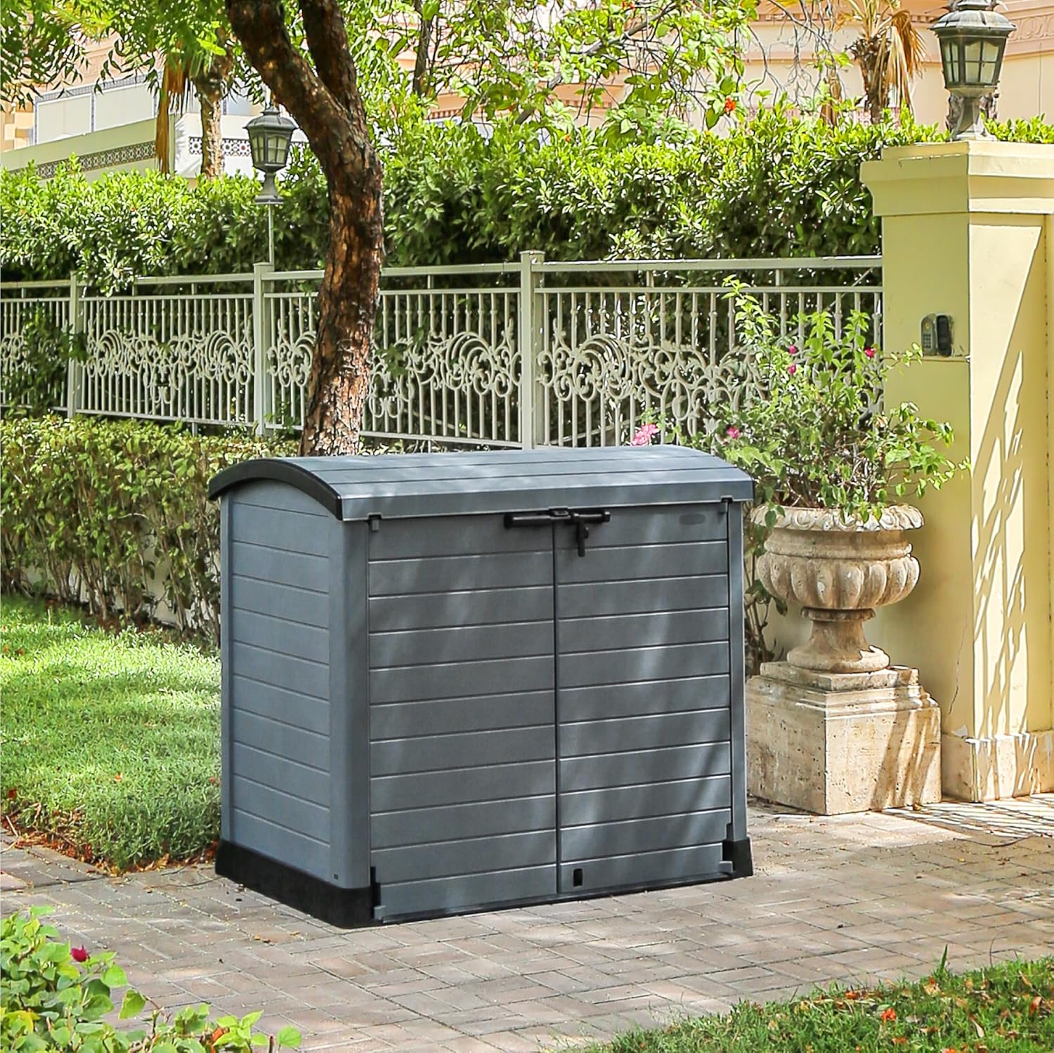 Duramax StoreAway 1200L Plastic Garden Shed/ Flat Lid, Outdoor Storage Shed, Wheelie Bin Hideaways, Wheelie bin box, Durable Construction, Ideal for Bikes, BBQs & 2x 240L Bins, 145x85x125 cm, Brown