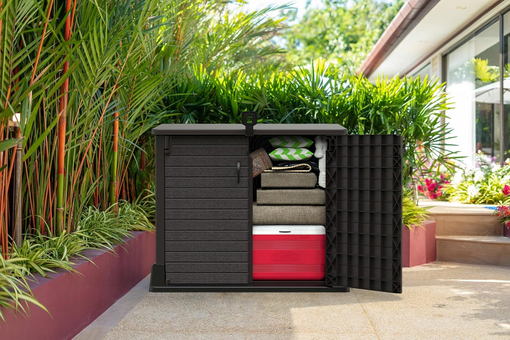 Duramax StoreAway 1200L Plastic Garden Shed/ Flat Lid, Outdoor Storage Shed, Wheelie Bin Hideaways, Wheelie bin box, Durable Construction, Ideal for Bikes, BBQs & 2x 240L Bins, 145x85x125 cm, Brown