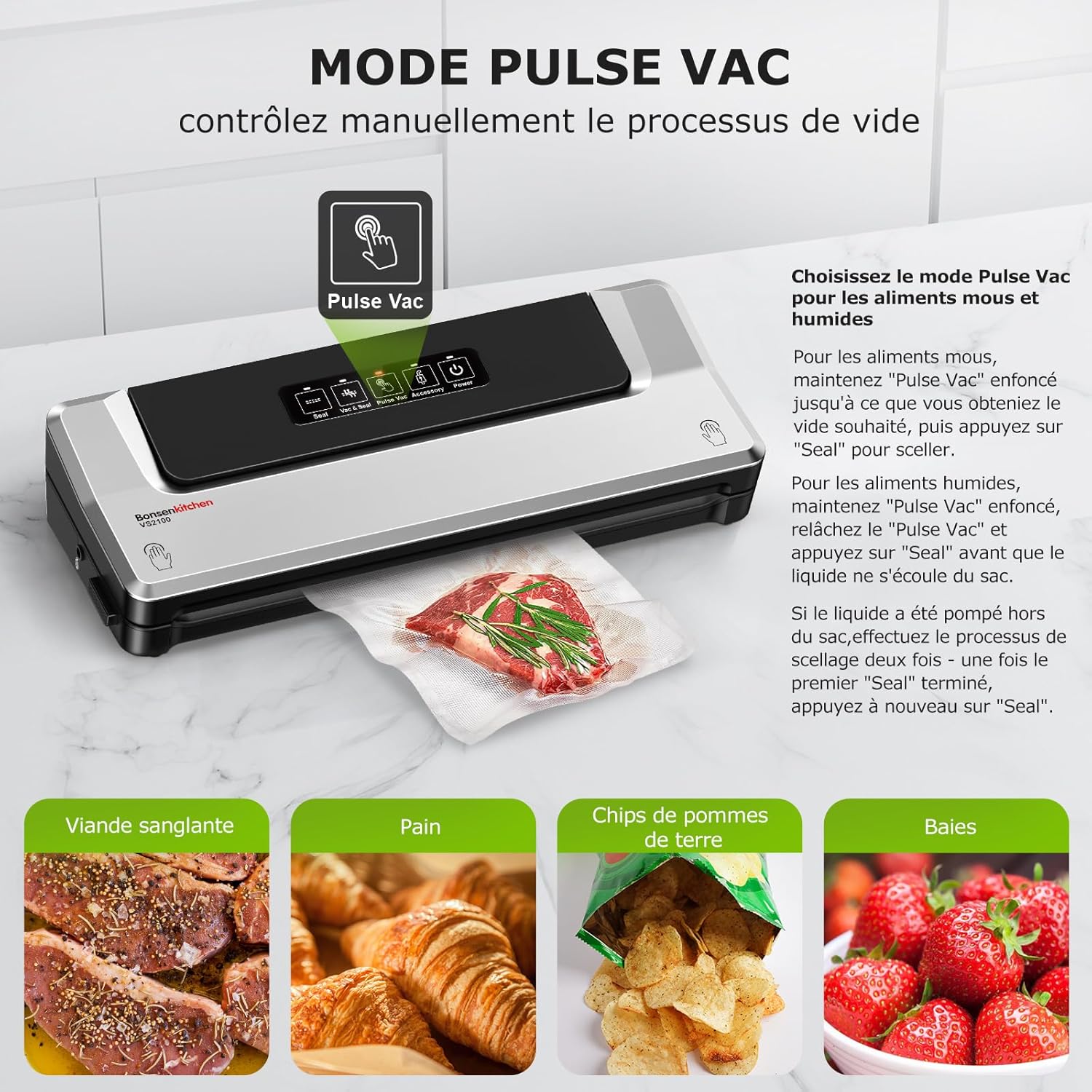 Bonsenkitchen Machine Sous Vide Alimentaire - Appareil de Mise Sous Vide pour La Cuisson Sous Vide et La Conservation des Aliments Frais, Y 40 Compris Les Sacs Sous Vide