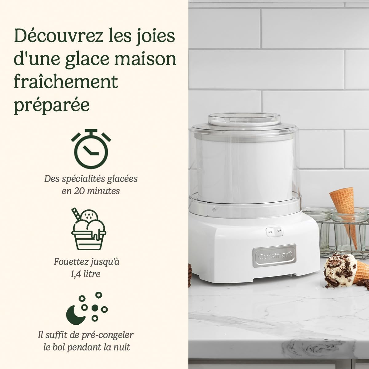 Cuisinart Sorbetière - Fait de la crème glacée, du gelato, du sorbet et du yogourt glacé en 40 minutes - Desserts maison - Facile à utiliser - Acier inoxydable - ICE100BCU