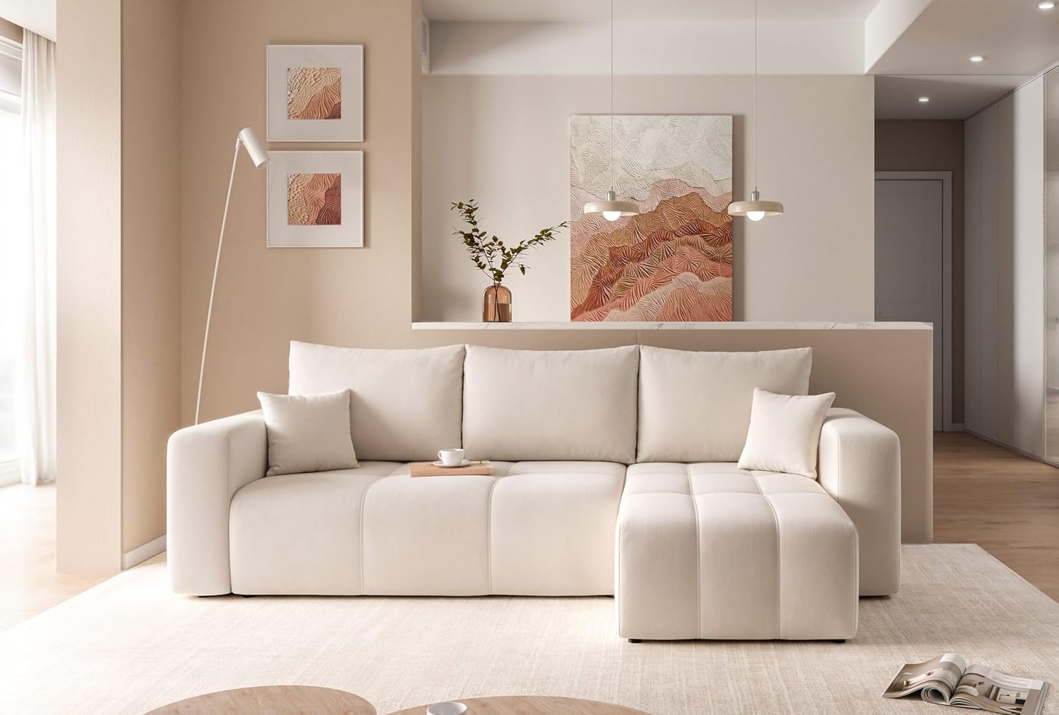 GREKPOL Canapé d'angle Convertible 145x248 à Gauche ou à Droite - Canapé 3 Places Convertible Beige avec Espace de Rangement