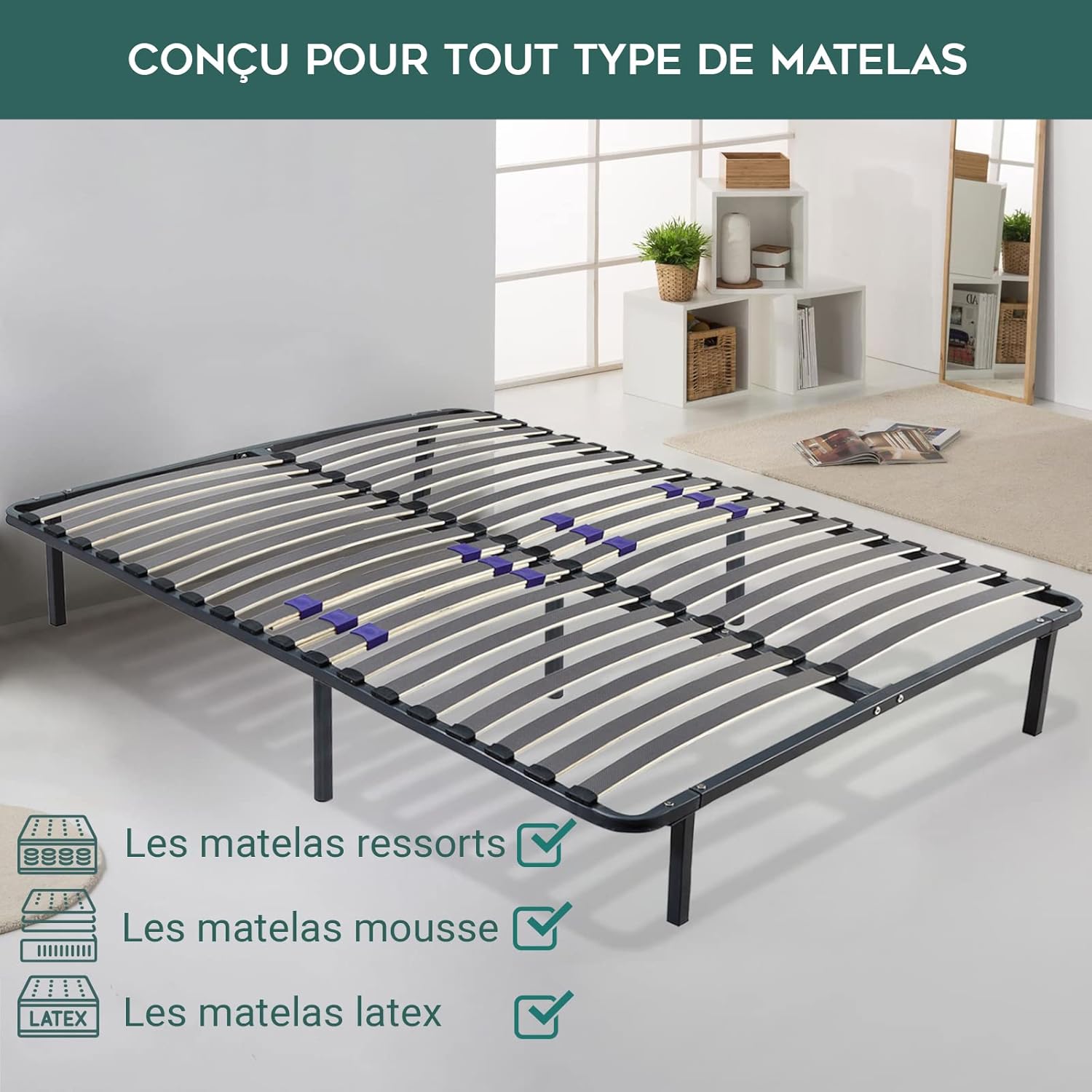 SAMPUR - Essential bed base 140 x 200 cm | Durable and comfortable | Feet included | Adjustable slats | Epoxy lacquered metal frame | Quick and easy assembly