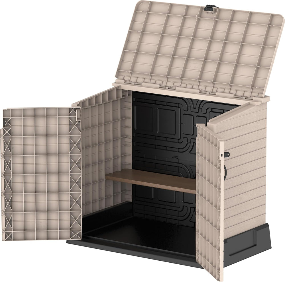 Duramax StoreAway 1200L Plastic Garden Shed/ Flat Lid, Outdoor Storage Shed, Wheelie Bin Hideaways, Wheelie bin box, Durable Construction, Ideal for Bikes, BBQs & 2x 240L Bins, 145x85x125 cm, Brown