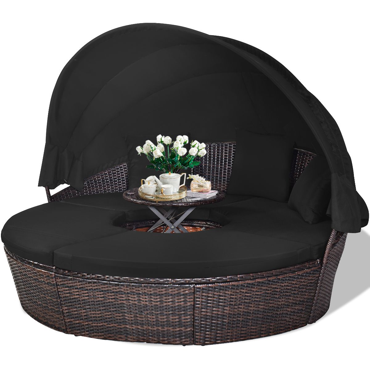 Lit de Jardin Rond d'Exterieur Table Relevable Modulable & Convertible - Pare Soleil Réglable rotin PE Coussins Inclus Noir