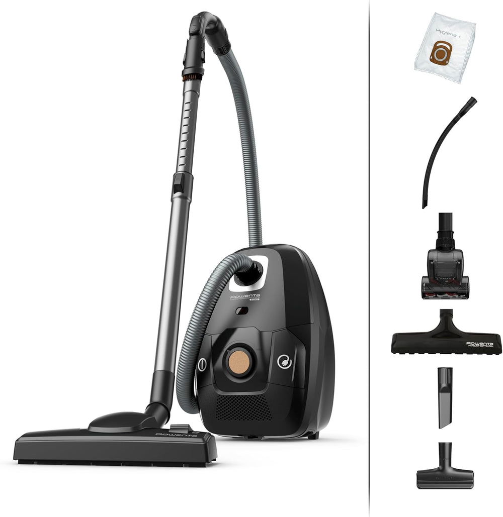 Rowenta Green Force Max Silence Vacuum Cleaner with Bag, 900 W Max, High Filtration, Quiet, Eco-Responsible, Made in France, Black/Aluminium RO6136EA